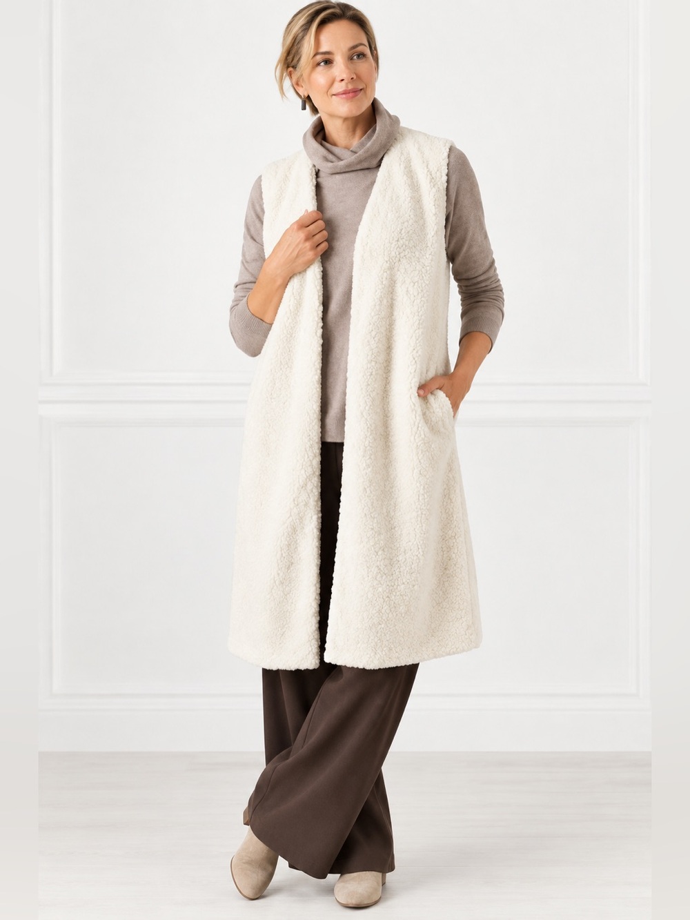 Pure Jill Sherpa Duster Vest Women L Cream Teddy Fleece Longline Lagenlook Cozy